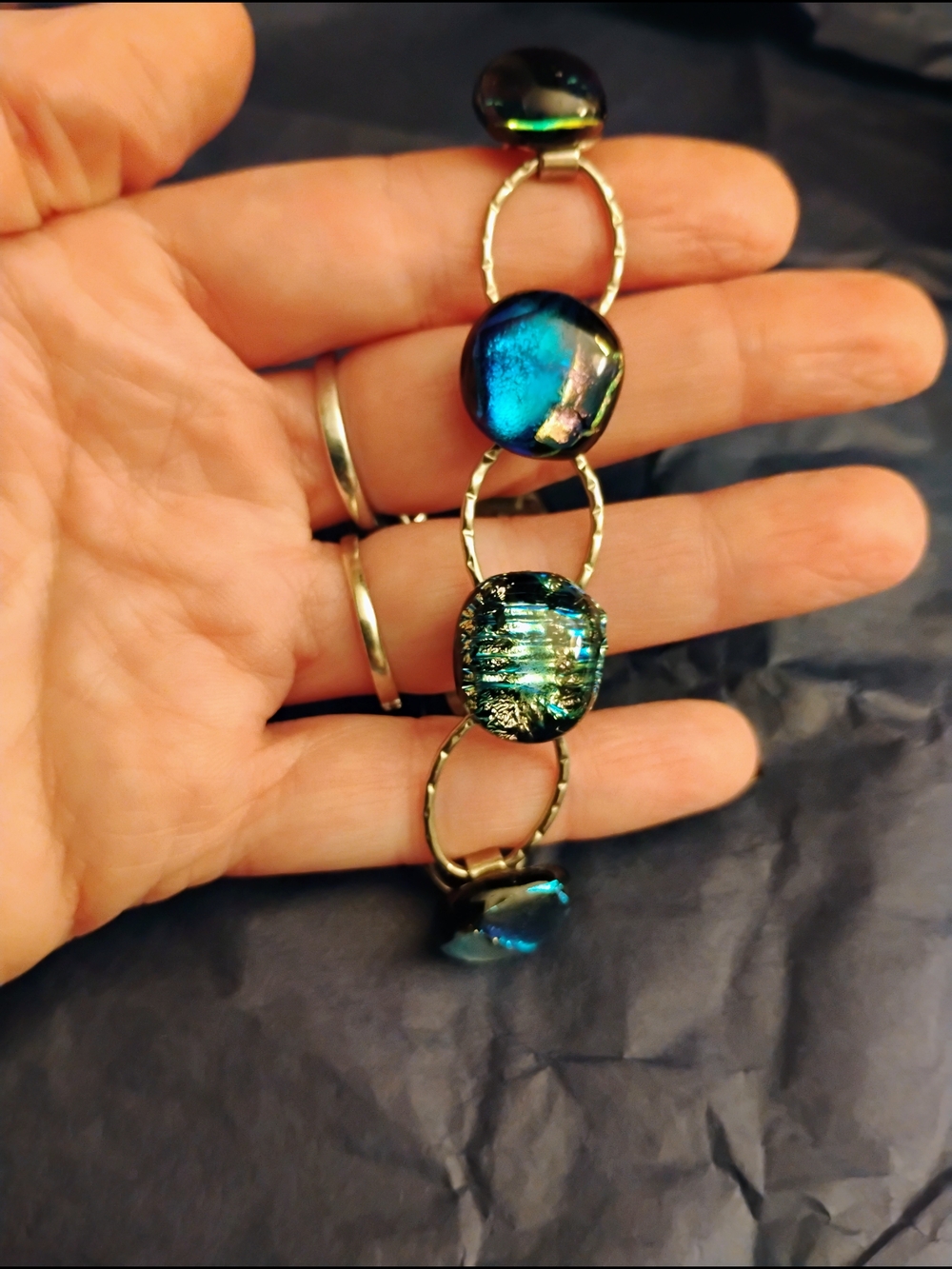 Blue Iridescent Glass Link Bracelet - Women